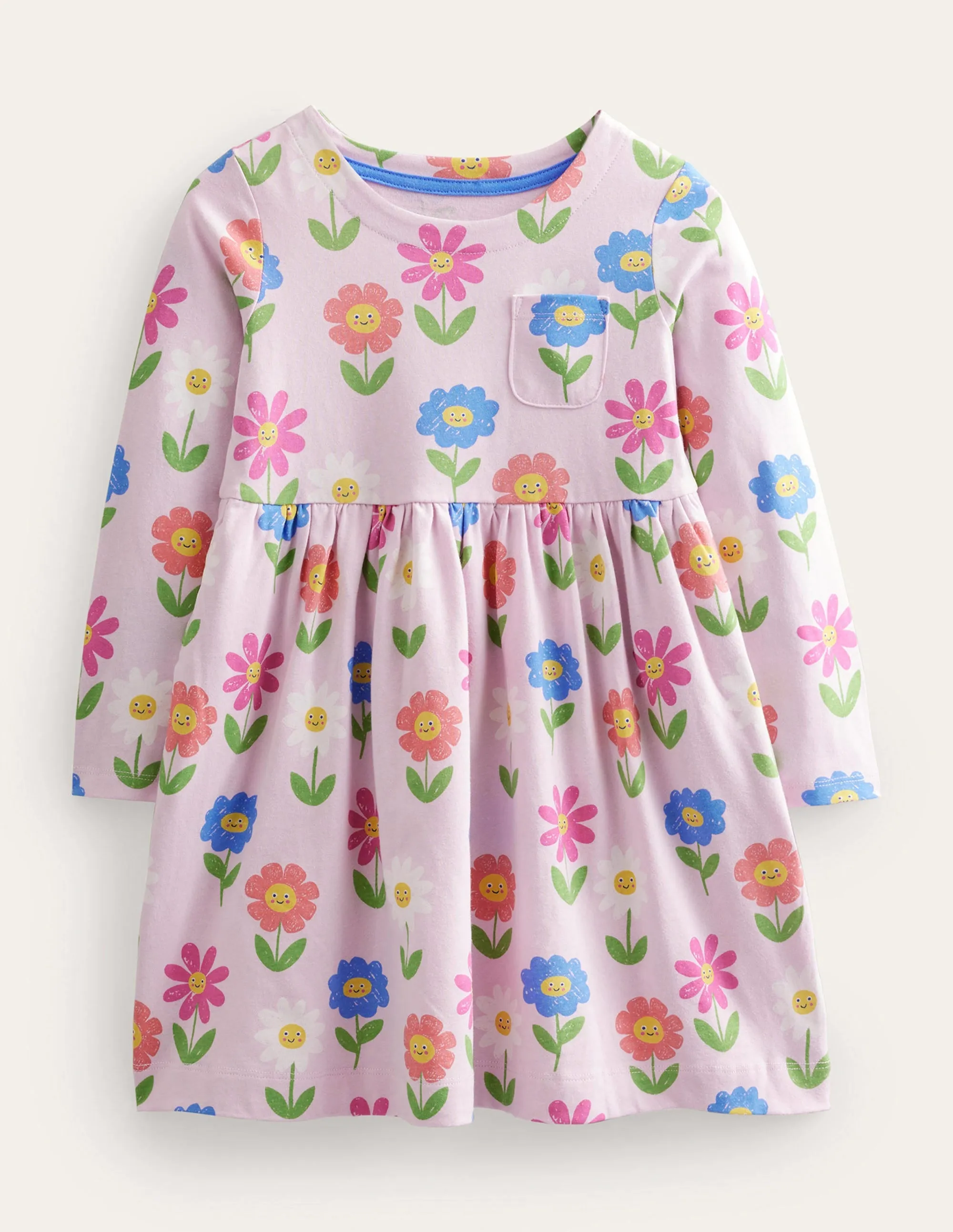 Long Sleeve Fun Jersey Dress-Winsome Pink Flowers